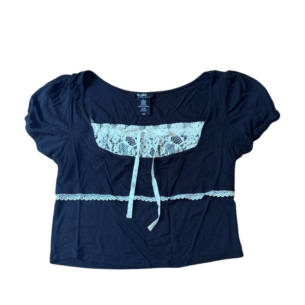 Thorn & Fable Top Womens Black Lace Trim Milkmaid Coquette Bow SIZE Large